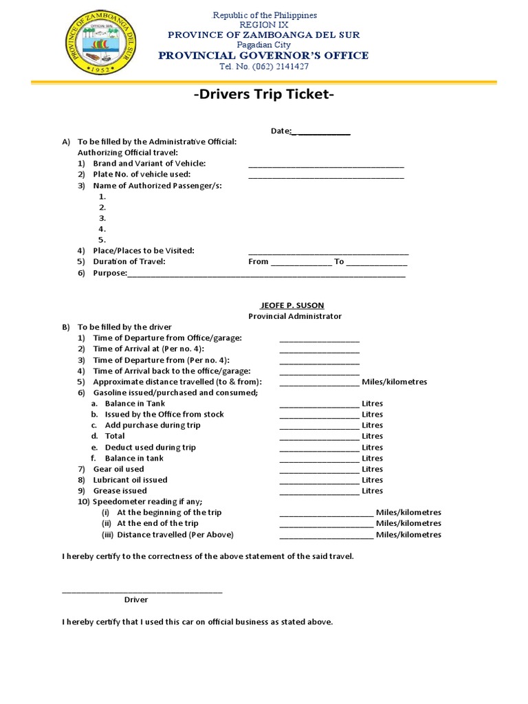 Trip Ticket Format PDF Motor Vehicle Transport