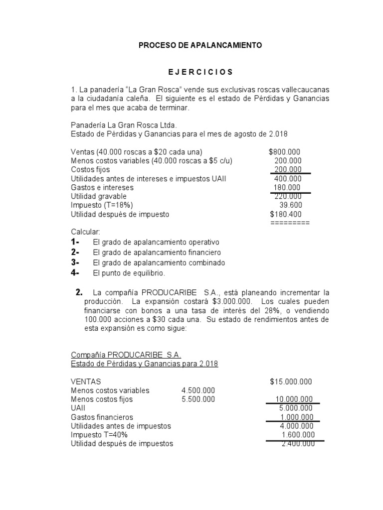 Ejercicios de Apalancamiento Financiero y Operativo | PDF ...