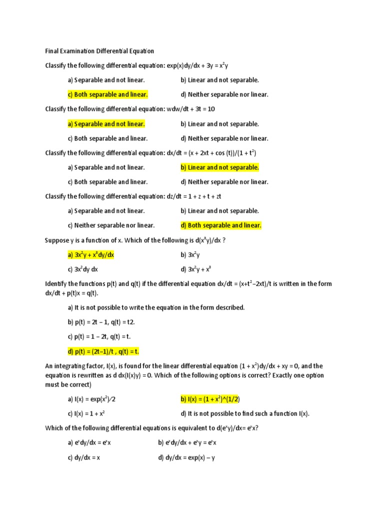Final Examination Differential Equation Rates Differential Equations