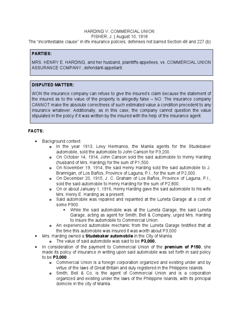 Harding v. Commercial Union Insurance Case | PDF | Misrepresentation ...