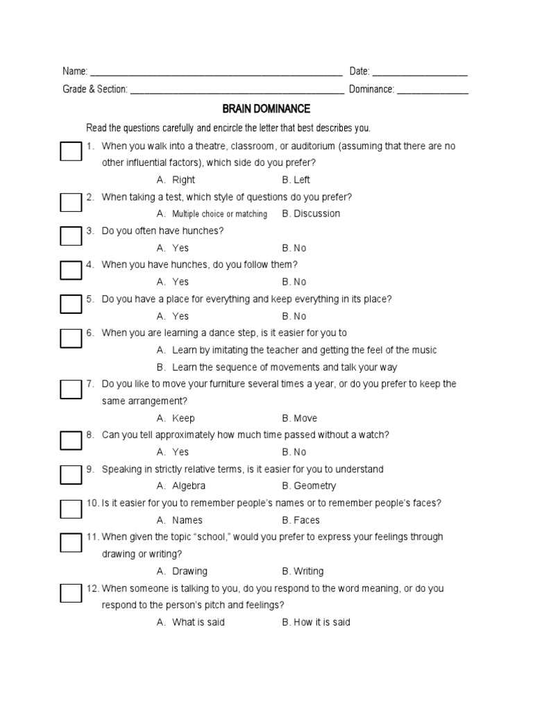 Brain Dominance: Multiple Choice or Matching | PDF | Classroom ...