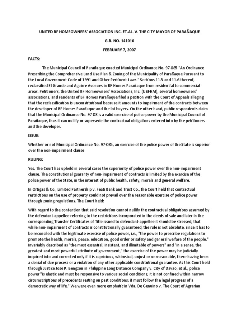 The Superiority of Police Power over Contractual Rights The Court