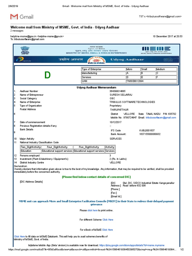 Gmail - Welcome Mail From Ministry of MSME, Govt. of India - Udyog ...