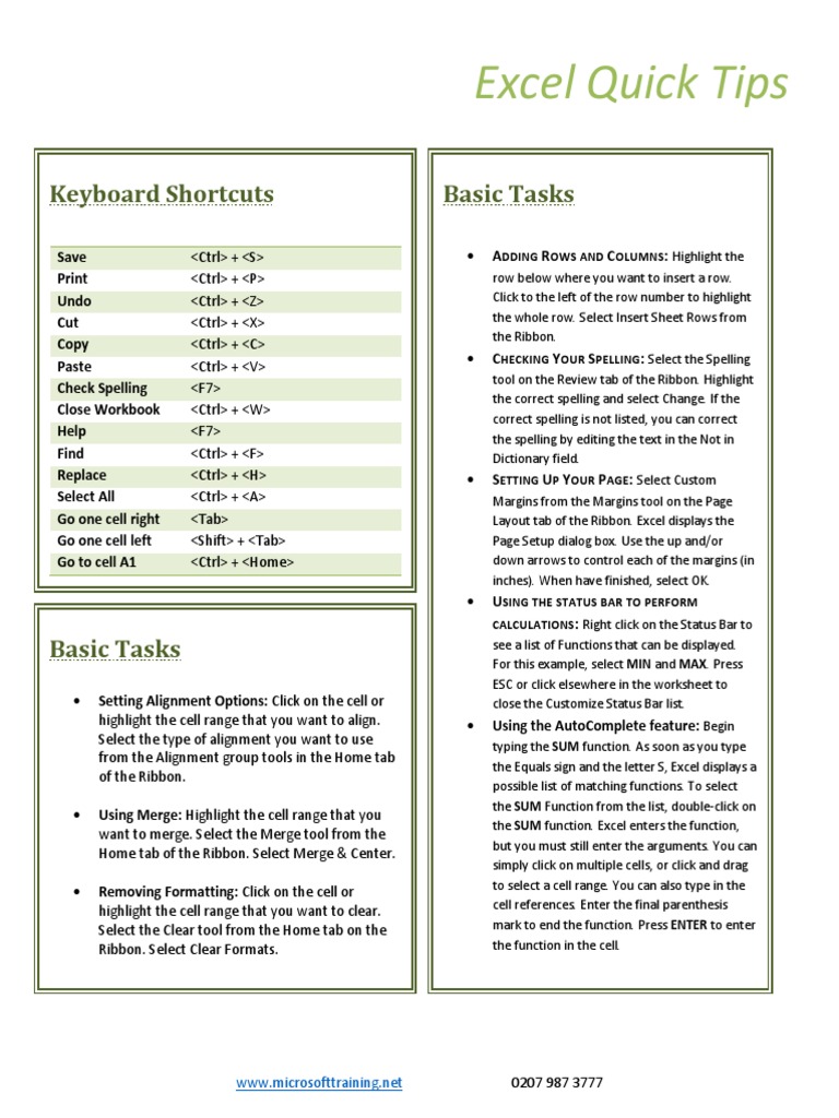 Excel Quick Tips: Keyboard Shortcuts Basic Tasks | PDF | Chart ...