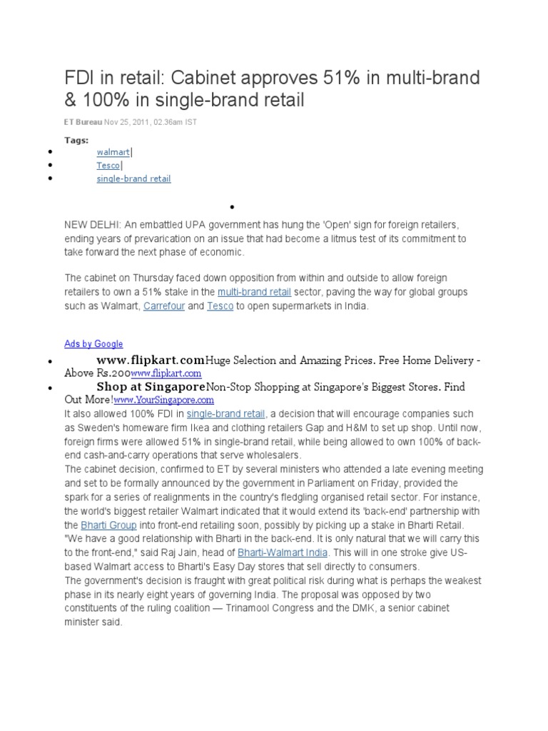 FDI in Retail Approves 51 in MultiBrand & 100 in Single