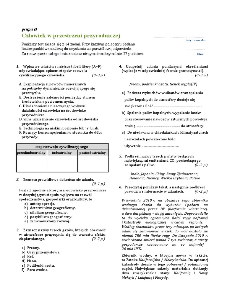 środowisko Przyrodnicze Polski Sprawdzian Klasa 7 Chomikuj