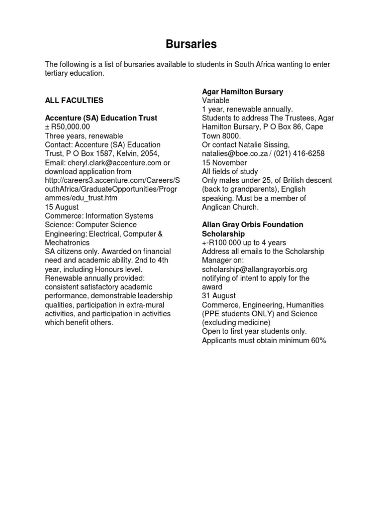 Bursaries Available for South African Students | PDF | Bachelor Of ...