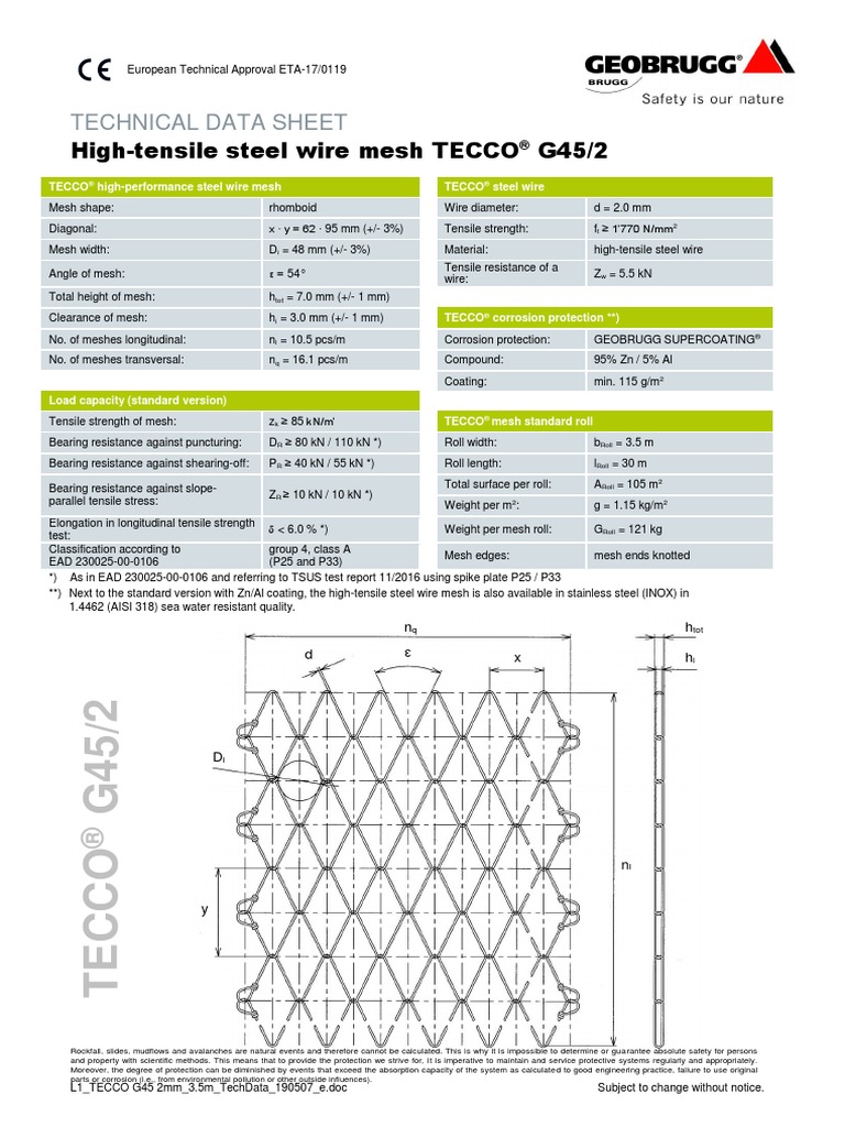 HighTensile Steel Wire Mesh TECCO G45/2 Technical Data Sheet PDF