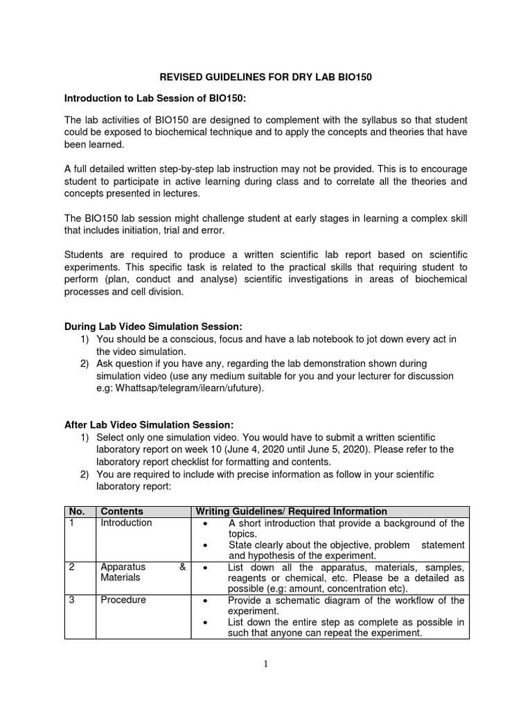 BIO150 Dry Lab Guidelines and Reports | PDF | Experiment | Laboratories