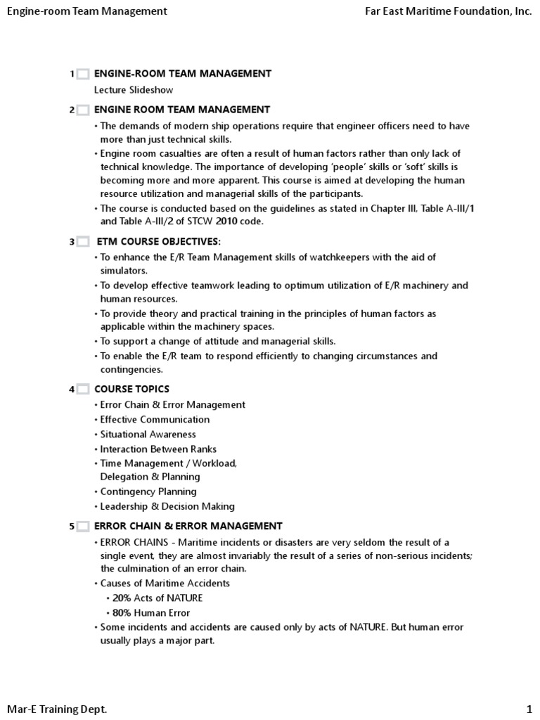 Engine Room Team Management Course | PDF | Situation Awareness | Leadership