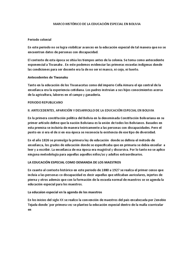 MARCO HISTÓRICO DE LA EDUCACIÓN ESPECIAL EN BOLIVIA