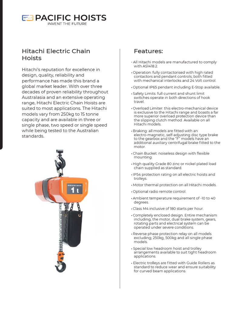 2020 Hitachi Electric Chain Hoist - Product Sheet | PDF | Electric ...