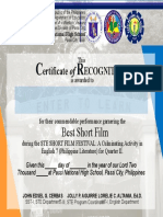 Ertificate of Ecognition: Best Short Film