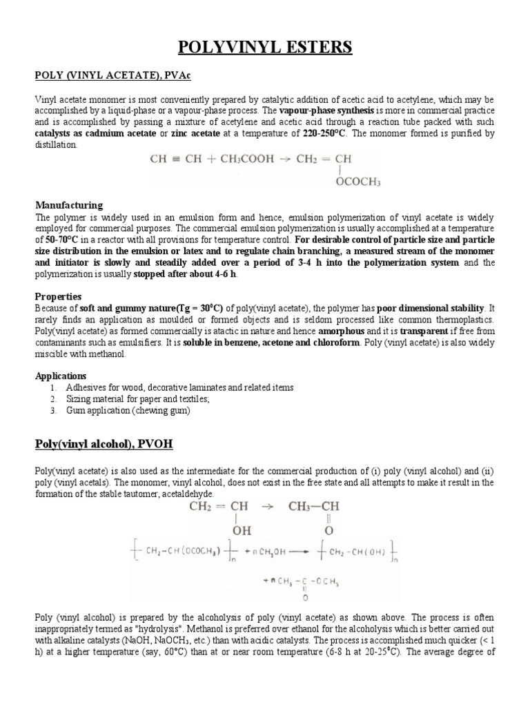 Polyvinyl Esters Poly (Vinyl Acetate), Pvac PDF Polyvinyl Chloride