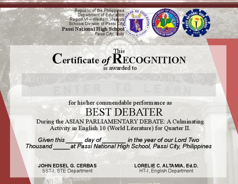 Debate Competition Certificate National Debate Competition, Presented
