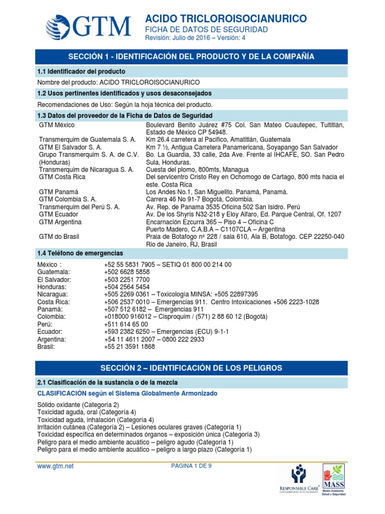 Acido Tricloroisocianurico | PDF | Agua | Combustión