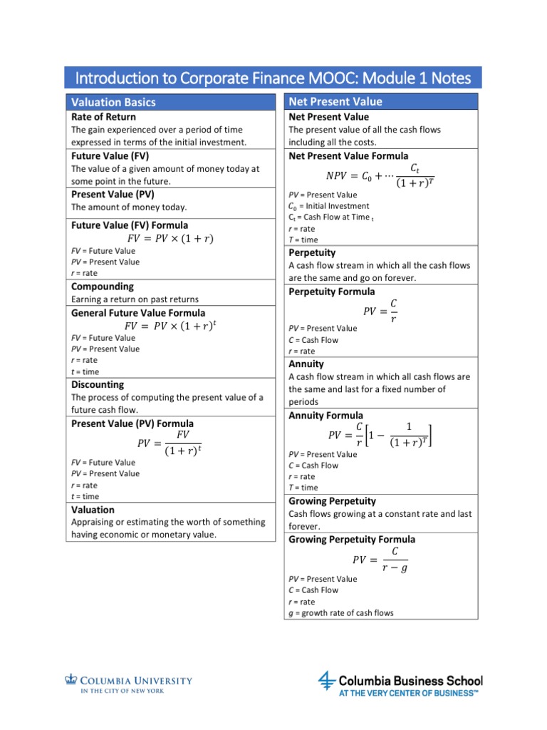 Corporate Finance Formulas Overview | PDF | Present Value | Net Present ...