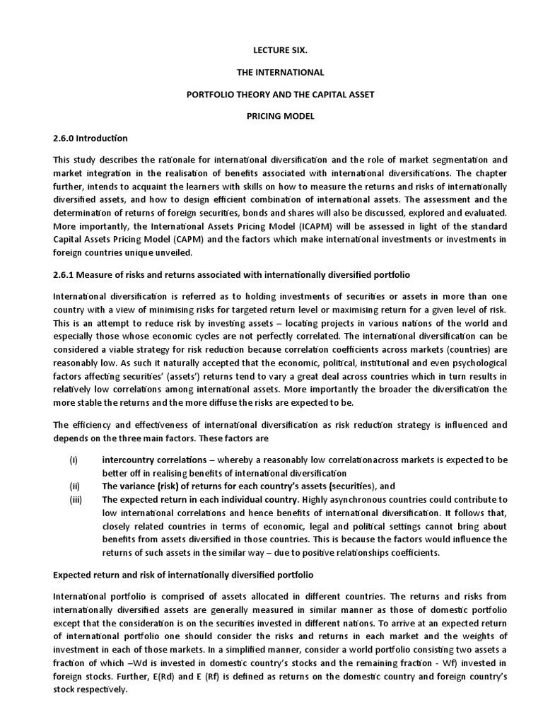 Lecture Six Pdf Diversification Finance Financial Risk