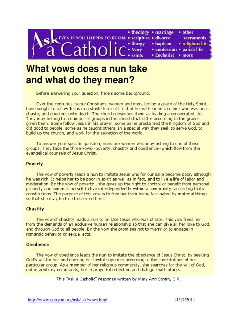 Nun's Vows: Poverty, Chastity, Obedience | PDF | Nun | Chastity