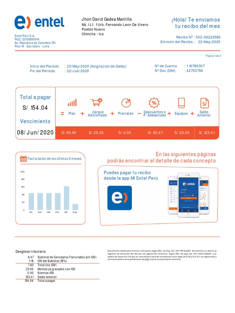 Recibo Mensual Entel Perú - Mayo 2020 | PDF | Teléfonos móviles ...
