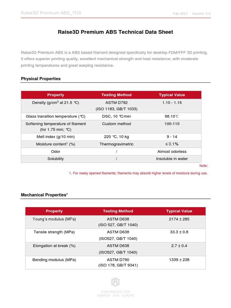Raise3D Premium ABS Technical Data Sheet | PDF | Specification ...
