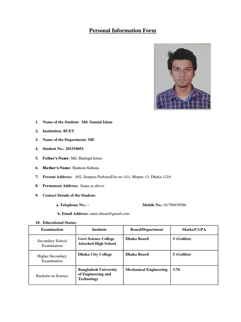 Student Personal Information Form | PDF