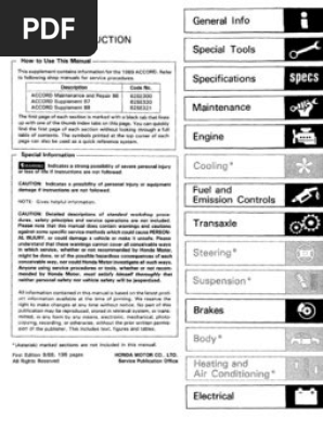 Honda Accord Service Supplement 1989 62se322 | PDF
