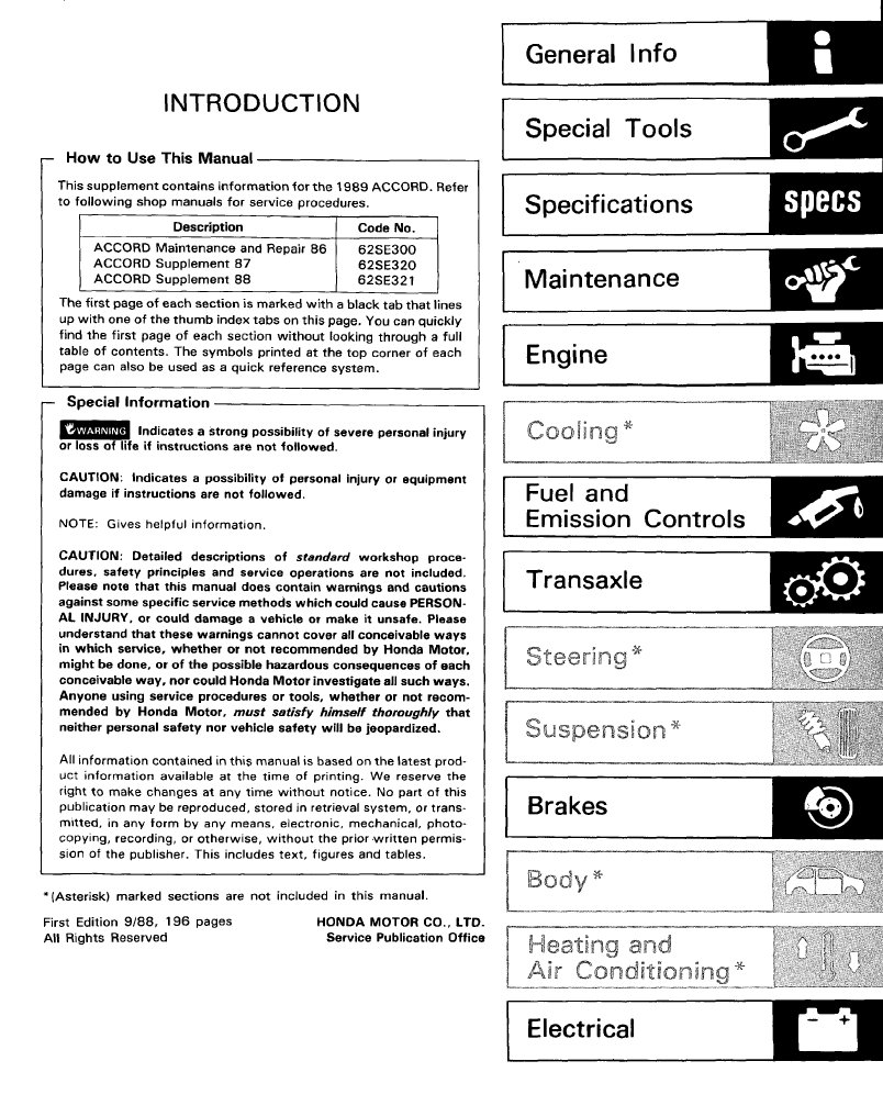 Honda Accord Service Supplement 1989 62se322 | PDF