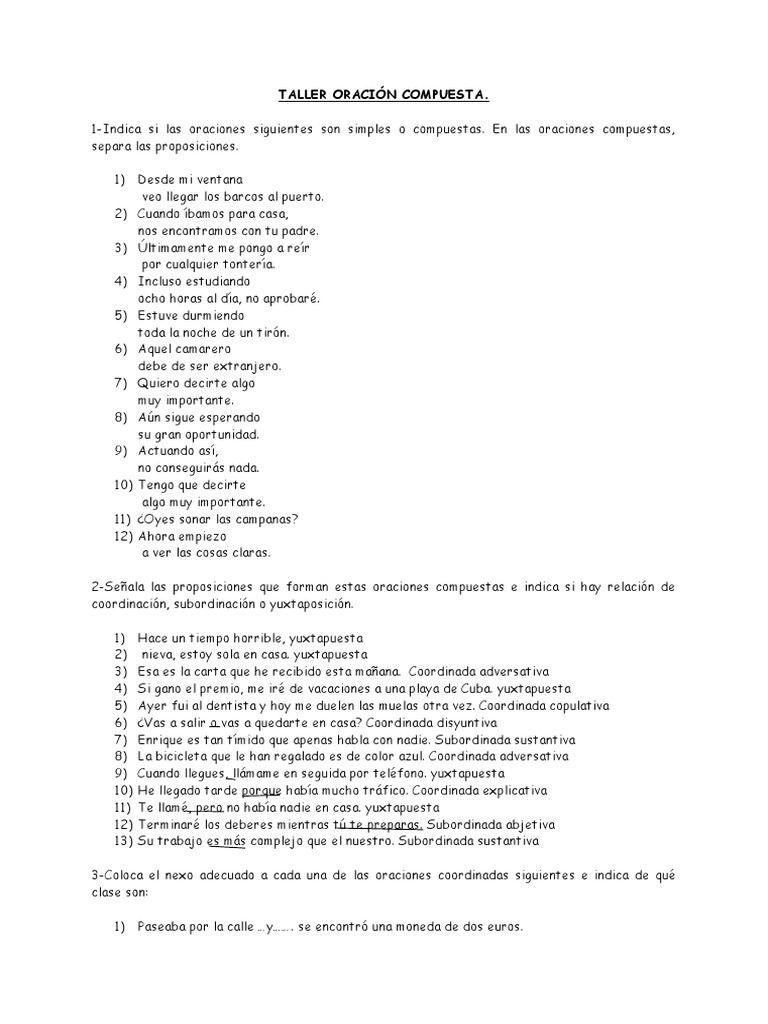 Ejercicios de Oraciones Compuestas | PDF | Artes del Lenguaje y ...
