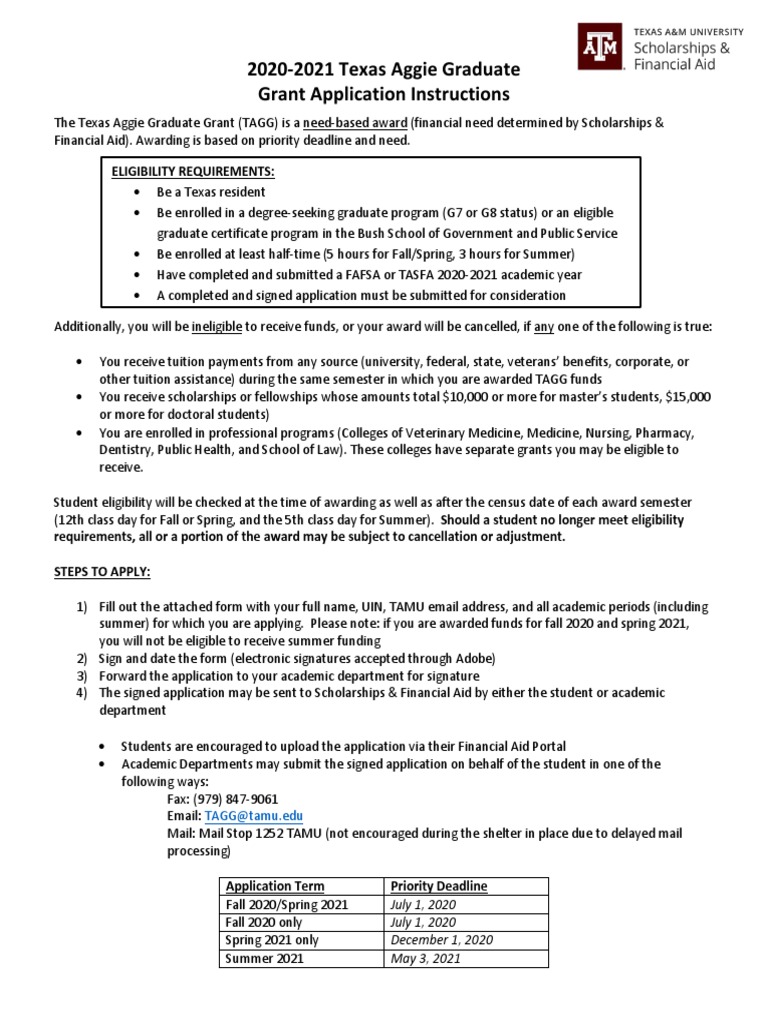 2020-2021 Texas Aggie Graduate Grant Application Instructions 
