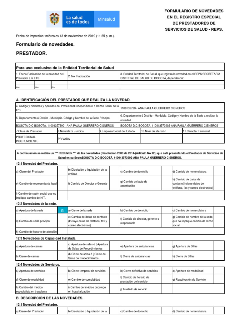 Formulario Novedades REPS | PDF | Bogotá | Cuidado de la salud
