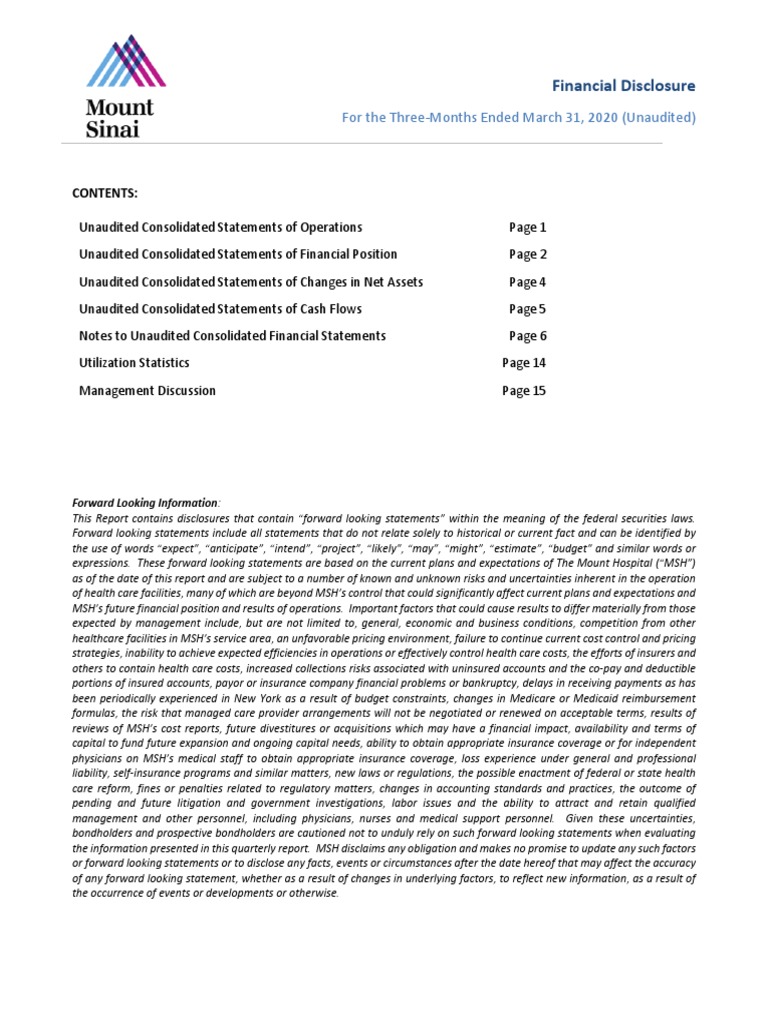 Mount Sinai Q1 2020 Financial Statements PDF Fair Value Bonds