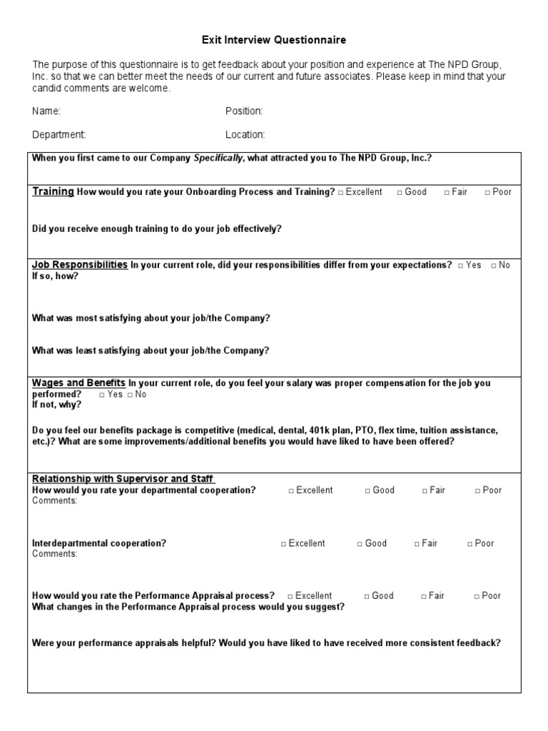 Exit Interview Feedback Questionnaire | PDF | Performance Appraisal ...