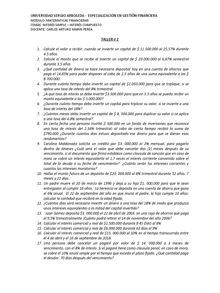 Taller # 1 Matematicas Financieras | PDF | Finanzas Matemáticas | Interés