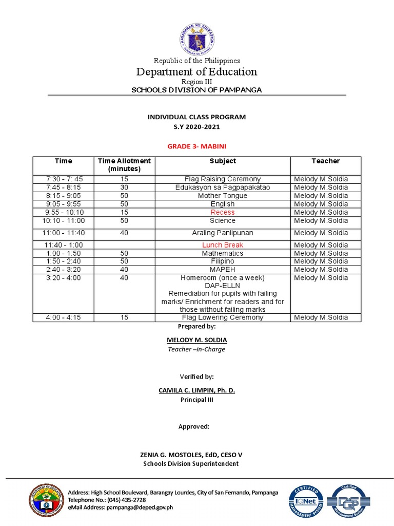 Grade 3 Mabini Class Program 2020-2021 | PDF