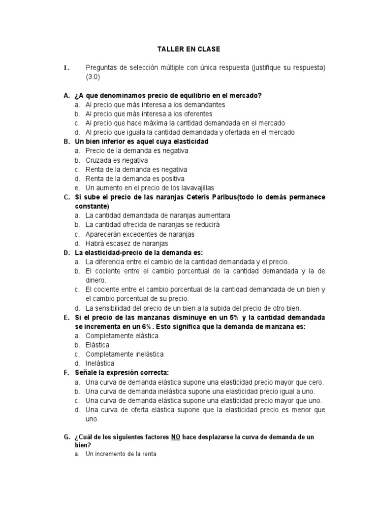 Taller | PDF | Elasticidad (economía) | Oferta y demanda