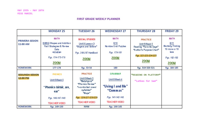 Monday 25 Tuesday 26 Wednesday 27 Thursday 28 Friday 29: First Grade ...