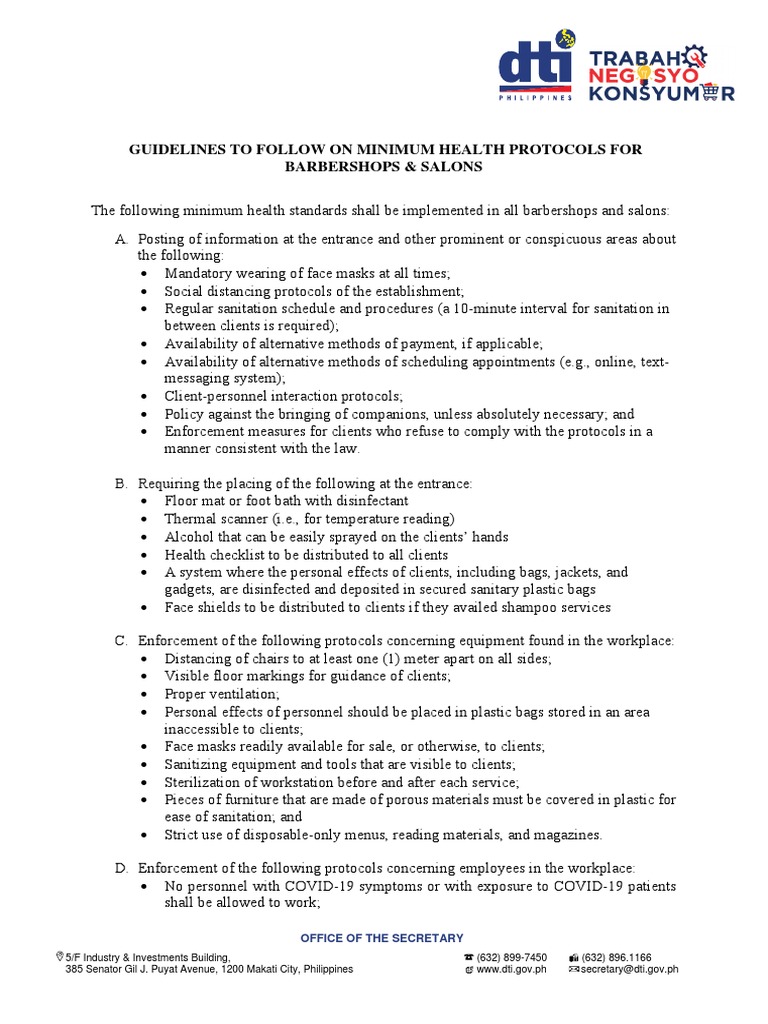 DTI Guidelines On & Salons PDF Sanitation