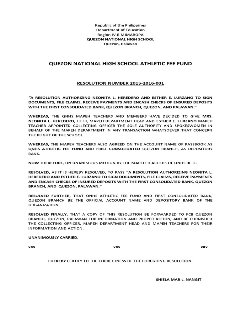 QNHS Athletic Fee Fund Resolution | PDF | Social Science