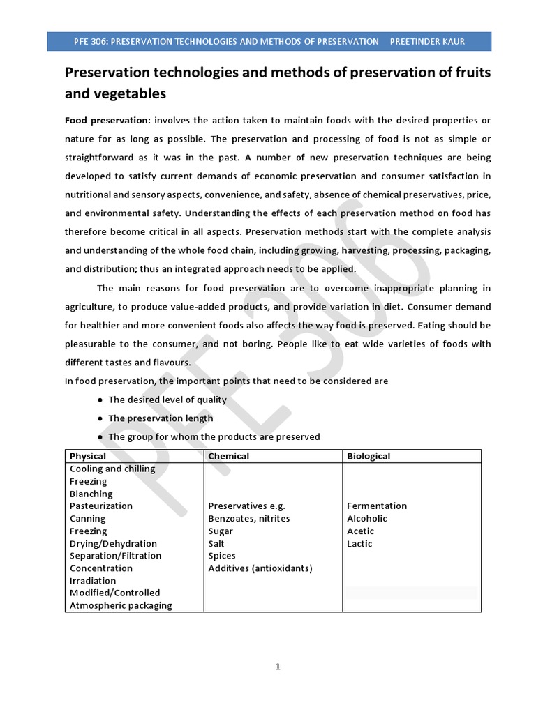 Lecture Notes Preservation Technologies Methods of Preservation of