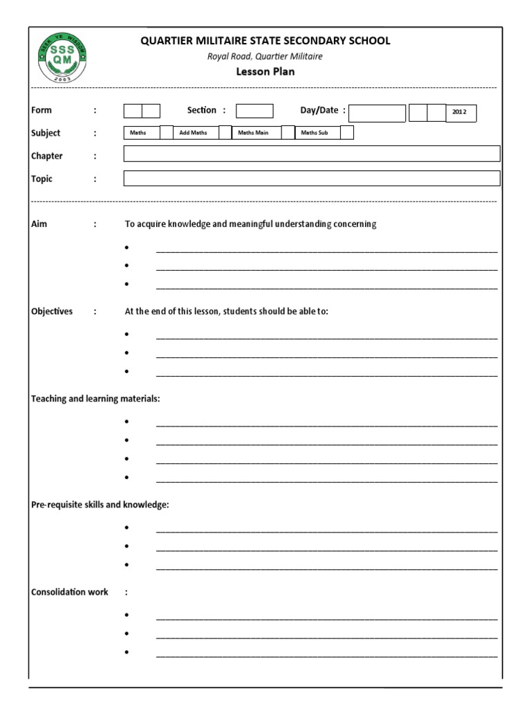 Quartier Militaire State Secondary School Lesson Plan | PDF | Lesson ...