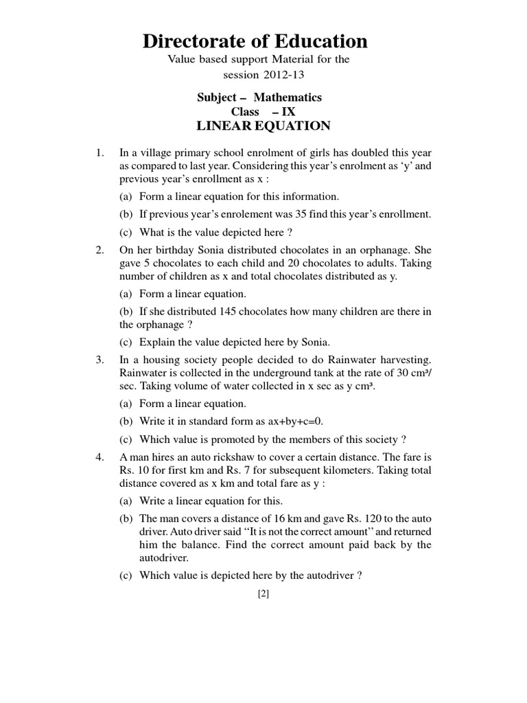 CBSE Class 9 Linear Equations in Two Variables | PDF | Area | Triangle