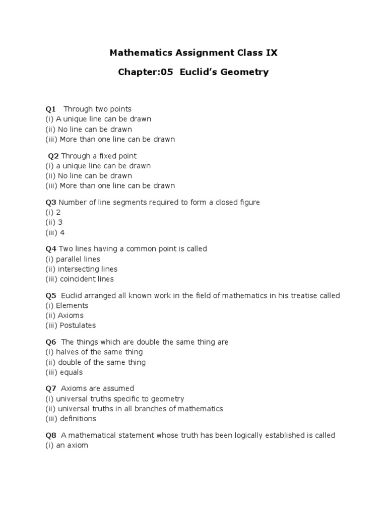 Class 9 Euclid Geometry Assignment | PDF