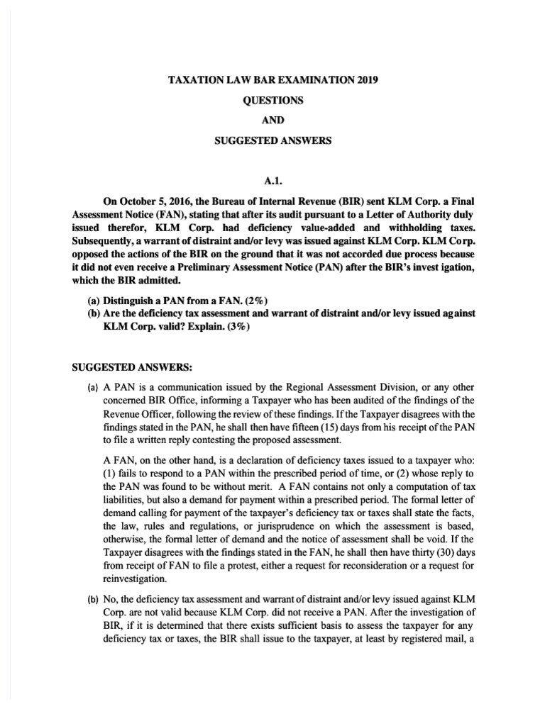 2019 Taxation Law Bar Exam Q&A | PDF | Value Added Tax | Public Finance