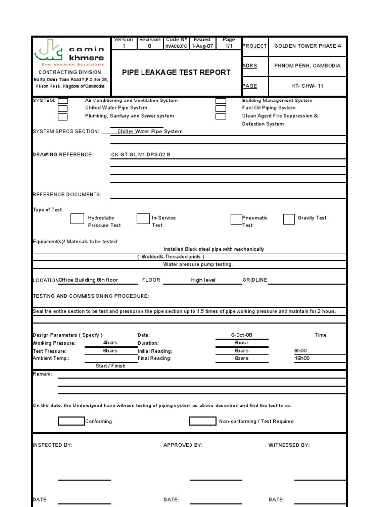 21-Hydrostatic Test Leakage Main Chilled Water Pipe Report  PDF Within Hydrostatic Pressure Test Report Template