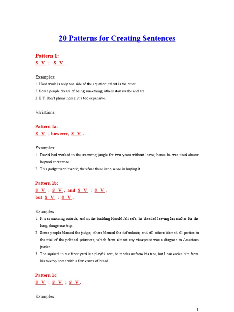 20 Sentence Structure Patterns | PDF | Subject (Grammar) | Odor