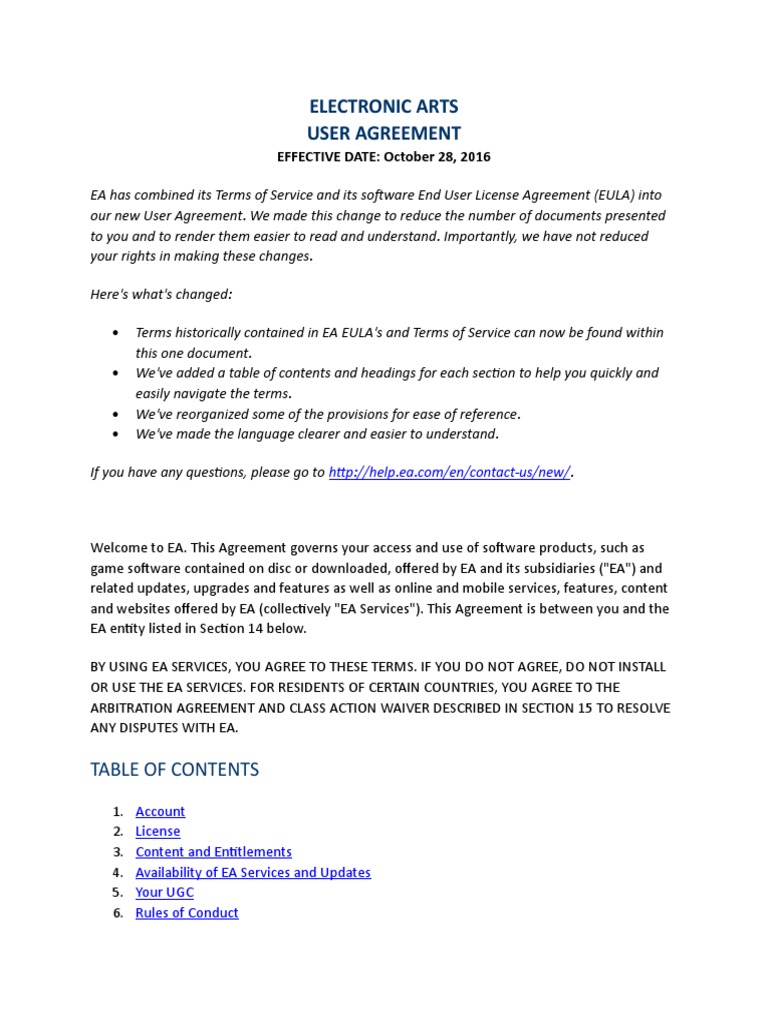 Electronic Arts User Agreement EFFECTIVE DATE October 28, 2016 PDF