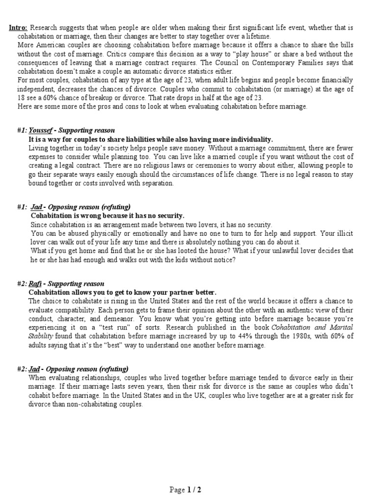 Pros and Cons of Cohabitation Before Marriage | PDF | Cohabitation ...