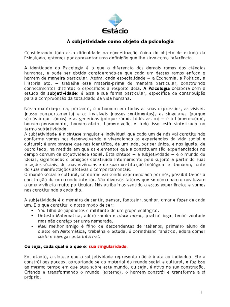 A Subjetividade Como Objeto Da Psicologia | PDF | Subjetividade ...