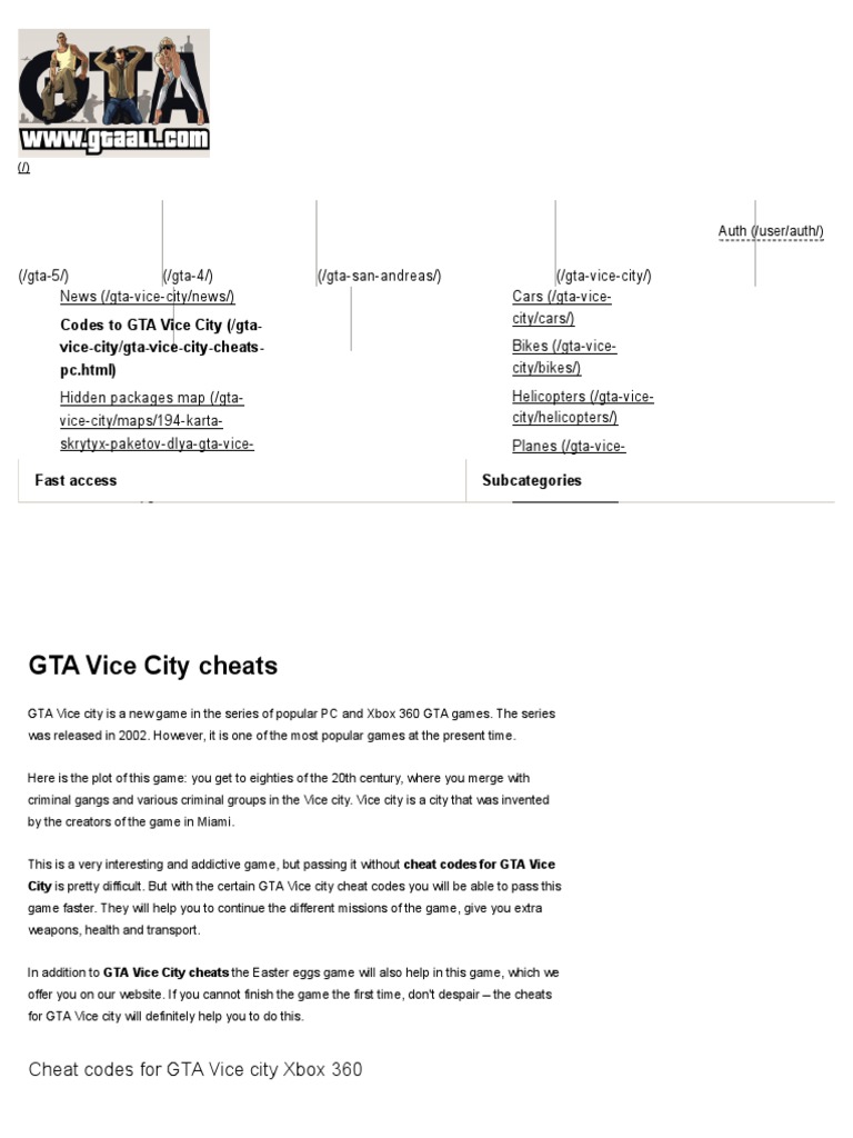 All Cheat Codes For GTA Vice City - GTAall, PDF, Cheating In Video Games